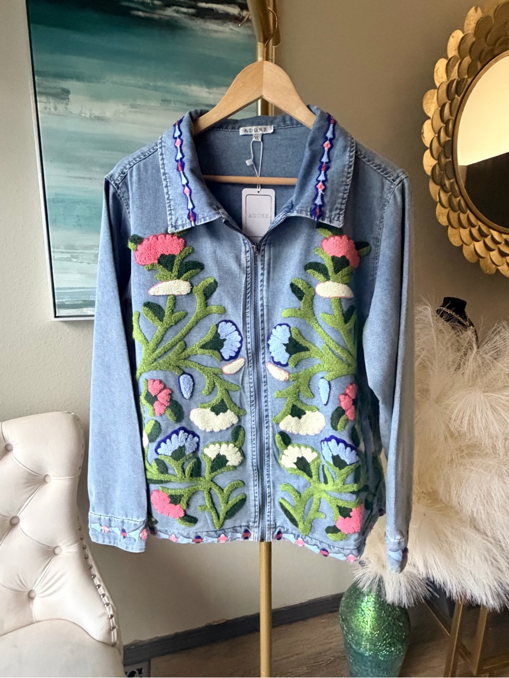 NWT Adore XL Embroidered Zip Front Denim Jacket Floral Statement Blue Boho - Picture 7 of 15